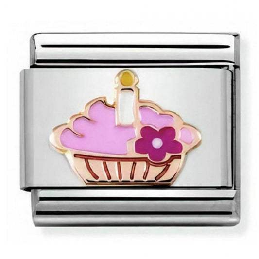 Classic Composable Rose Gold Enamel Cup Cake with Candle Charm