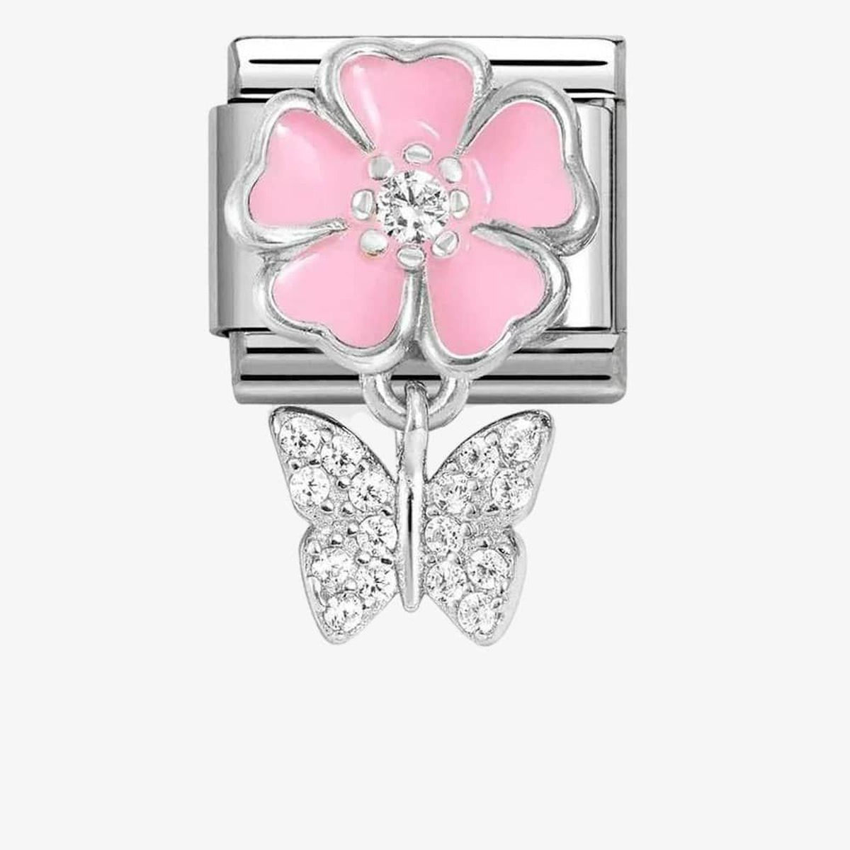 Classic Silvershine Pink Flower Butterfly CZ Dangle Charm