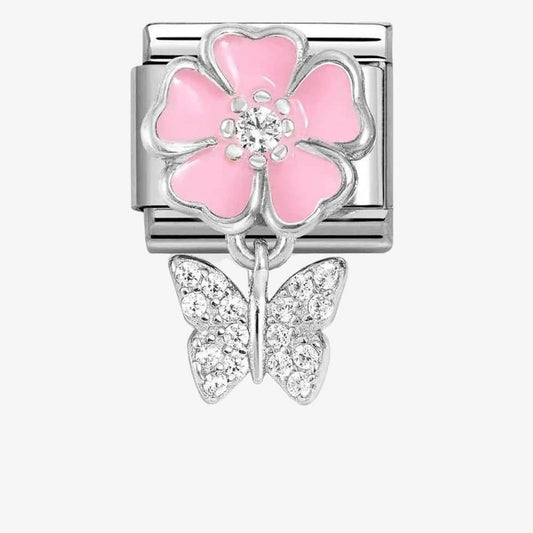 Classic Silvershine Pink Flower Butterfly CZ Dangle Charm