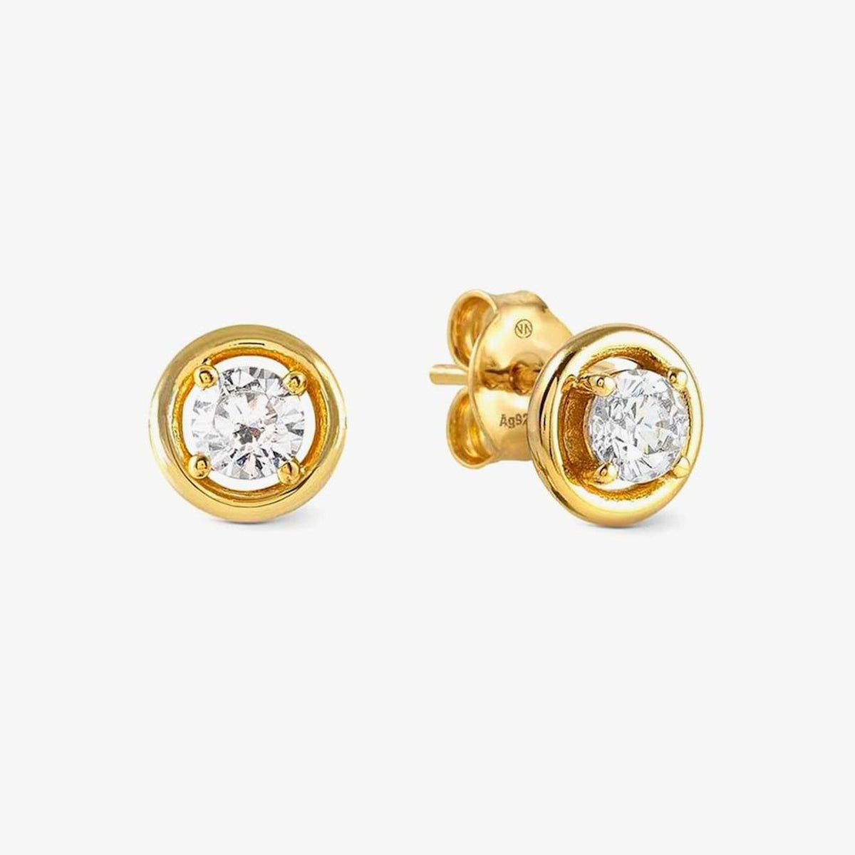 Cosmic Love Sterling Silver Yellow Gold Plated Circle CZ Stud Earrings