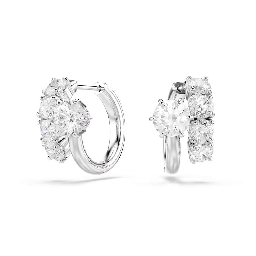 Matrix hoop earrings, Round cut, White, Rhodium