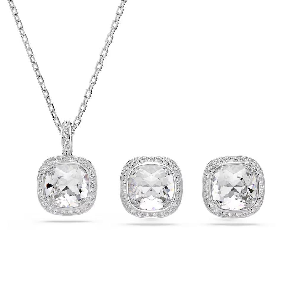 Una Angelic set, Cushion cut, White, Rhodium plate