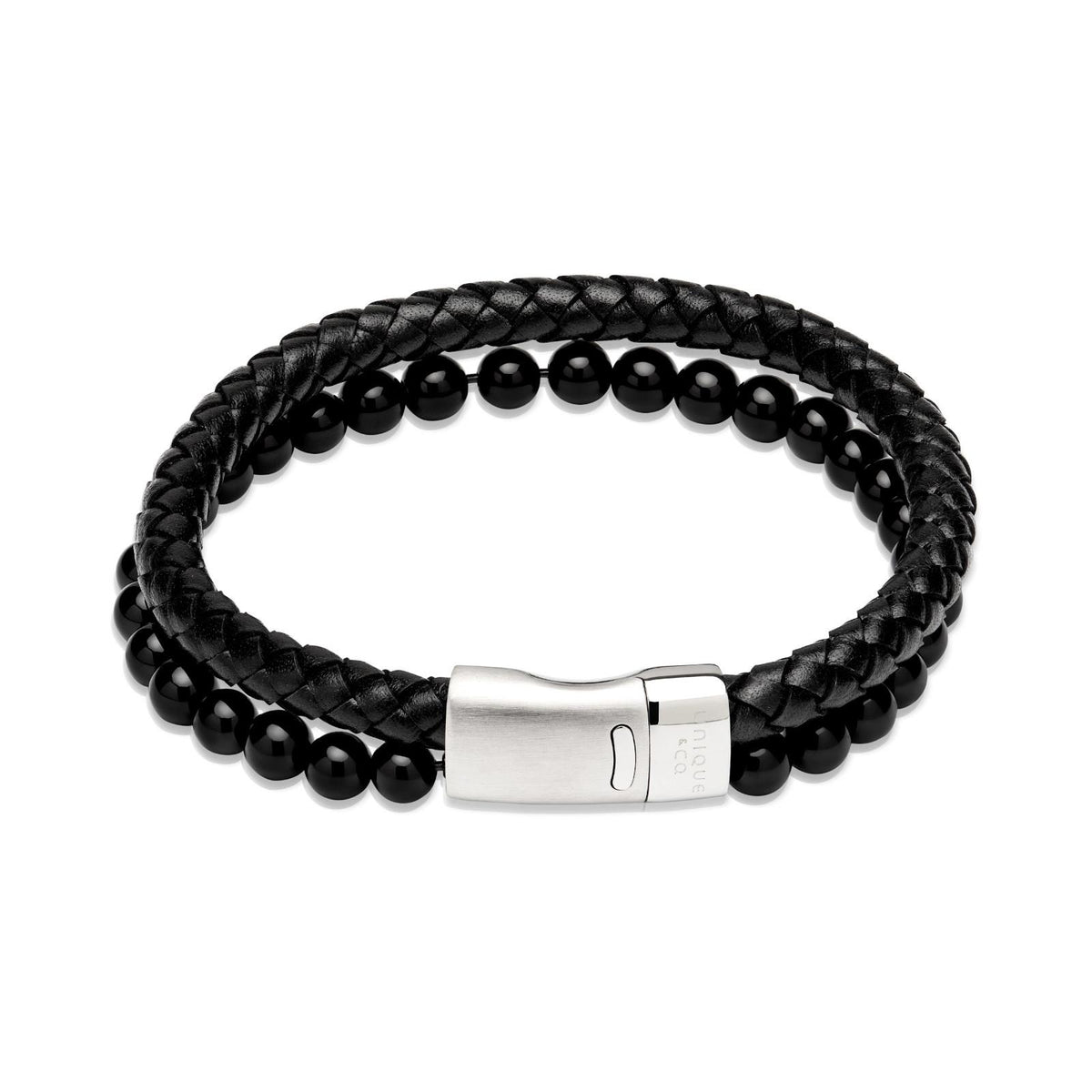 Unique Black Leather & Onyx Bead Double Bracelet