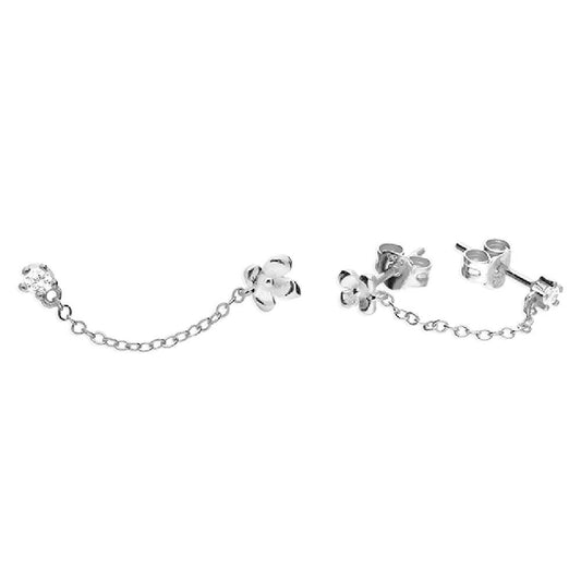 Sterling Silver Double Piercing CZ Floral Earrings