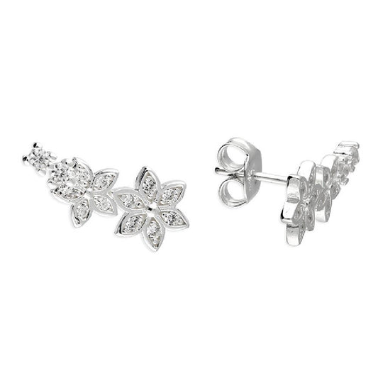 Sterling Silver CZ Flower Climber Stud Earrings