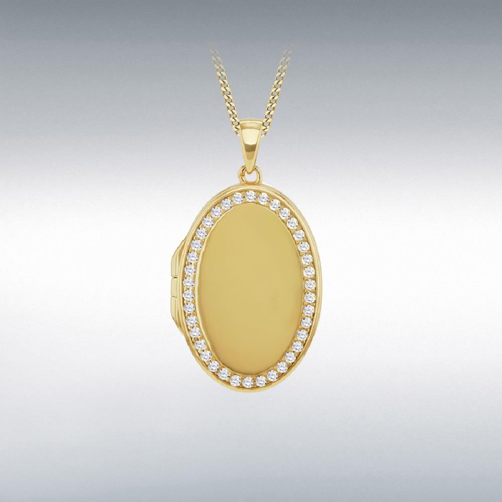 Sterling Silver Gold Plated 34x19mm Oval CZ Locket
