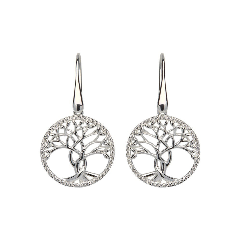 Unique Silver Tree of Life Circle Drop Earrings