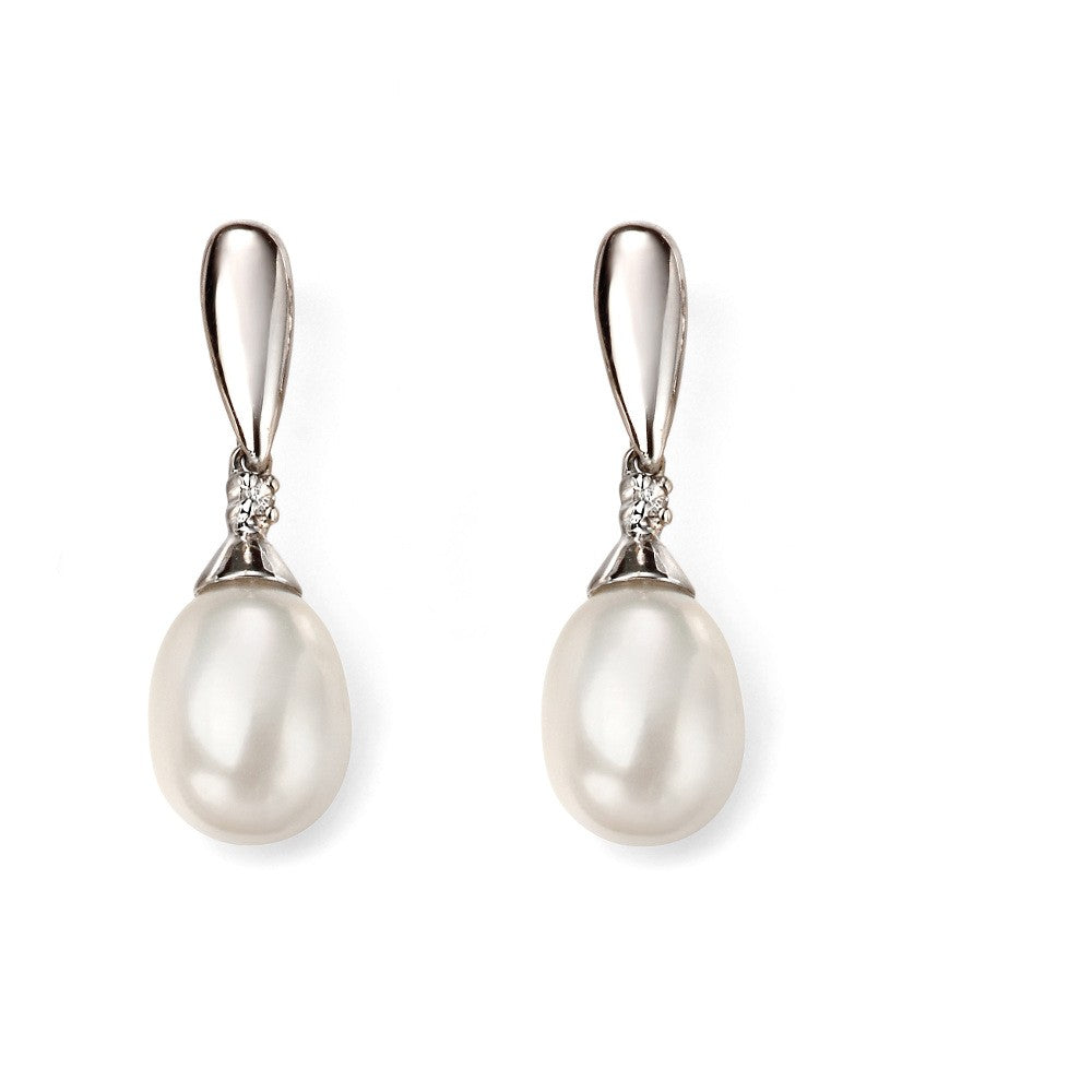 9ct White Gold Pearl & Diamond Drop Earrings