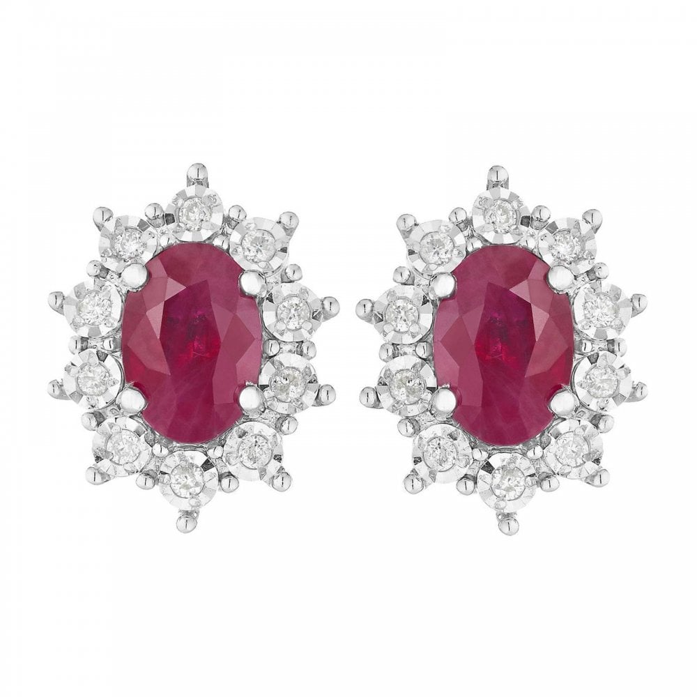 9ct Gold Ruby and Diamond Cluster Earrings