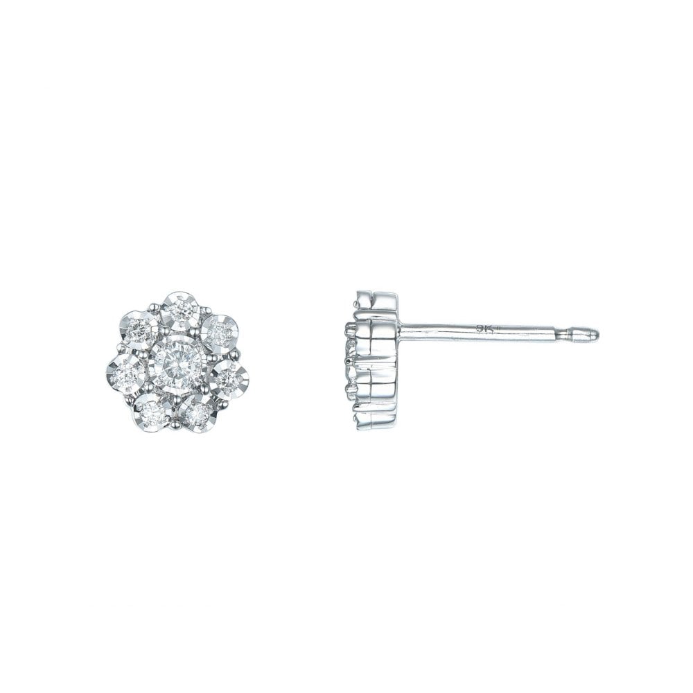 9ct White Gold Daisy Cluster Diamond Earrings