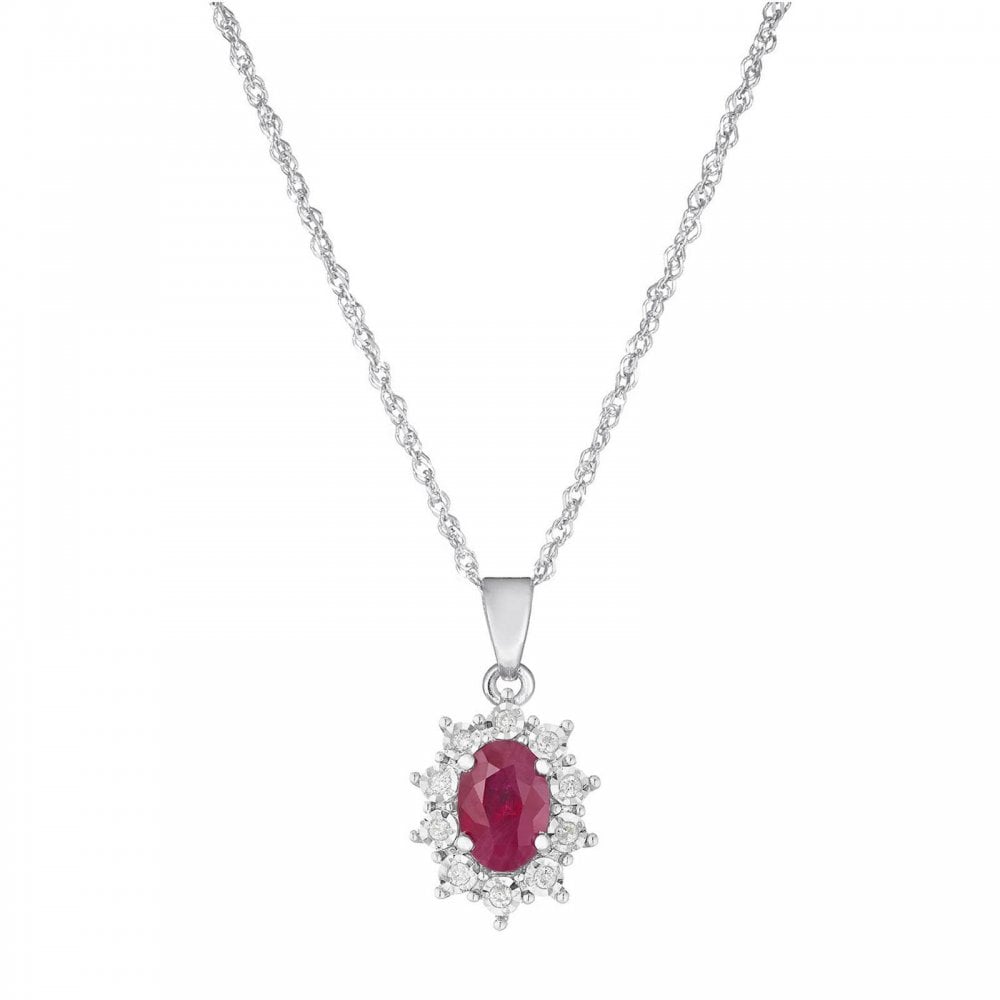 9ct White Gold Ruby and Diamond Cluster Pendant