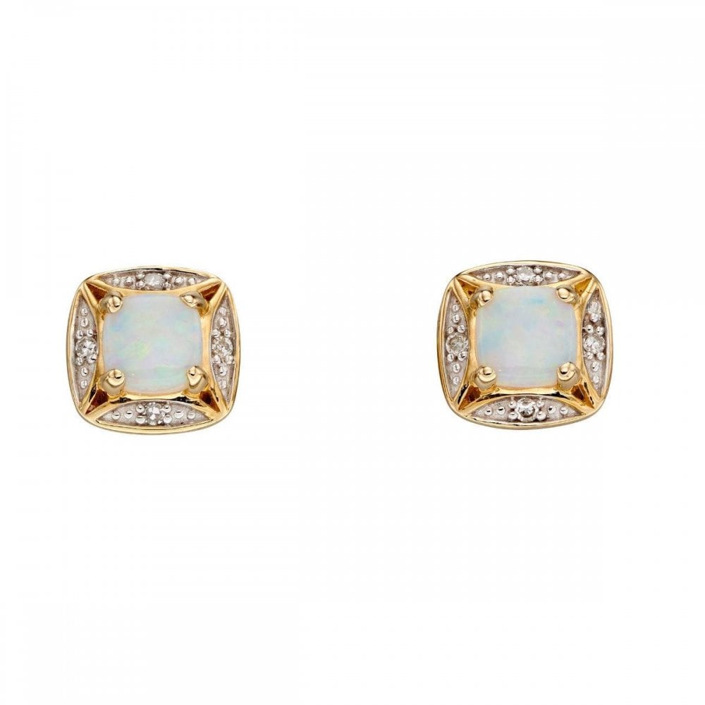 9ct Y Gold White Opal Diamond Stud Earrings