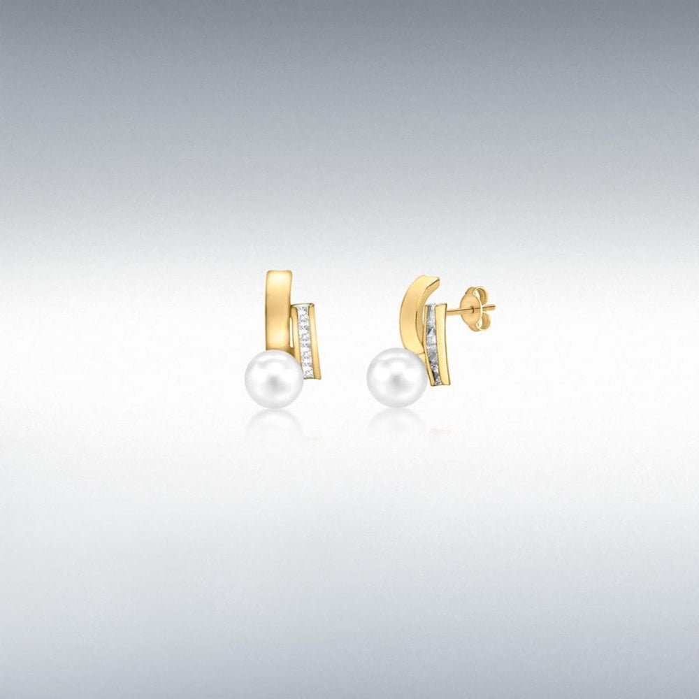 9ct Yellow Gold FW Pearl & CZ Stud Earrings