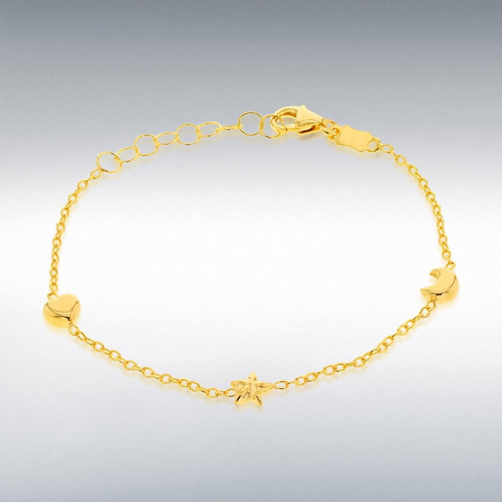 9ct Yellow Gold Heart/Moon/Star Bracelet 5.5"