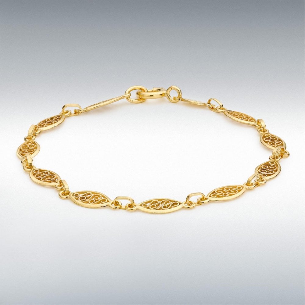 9ct Yellow Gold Oval Filigree Link Bracelet 7.5