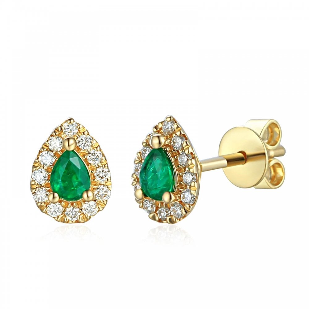 9ct Yellow Gold Pear Cut Emerald Diamond Earrings