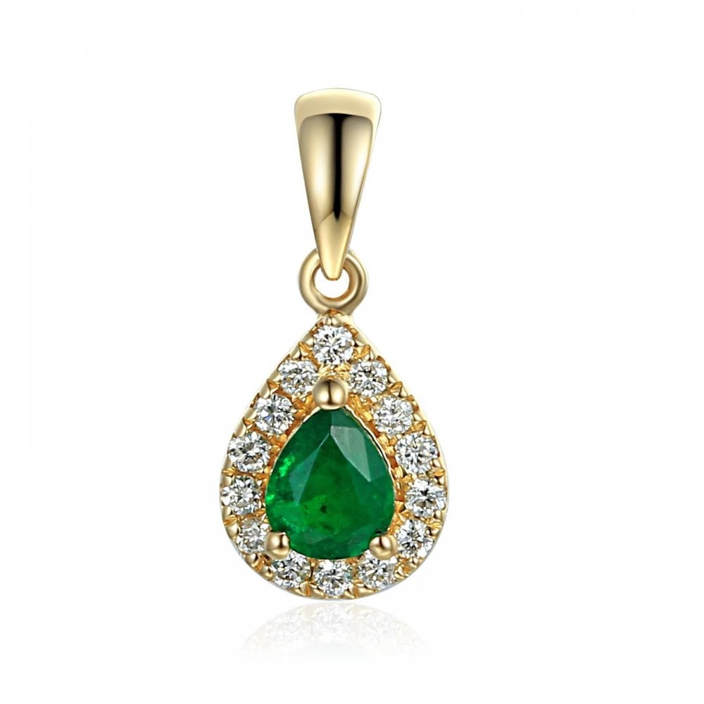9ct Yellow Gold Pear Cut Emerald & Diamond Pendant