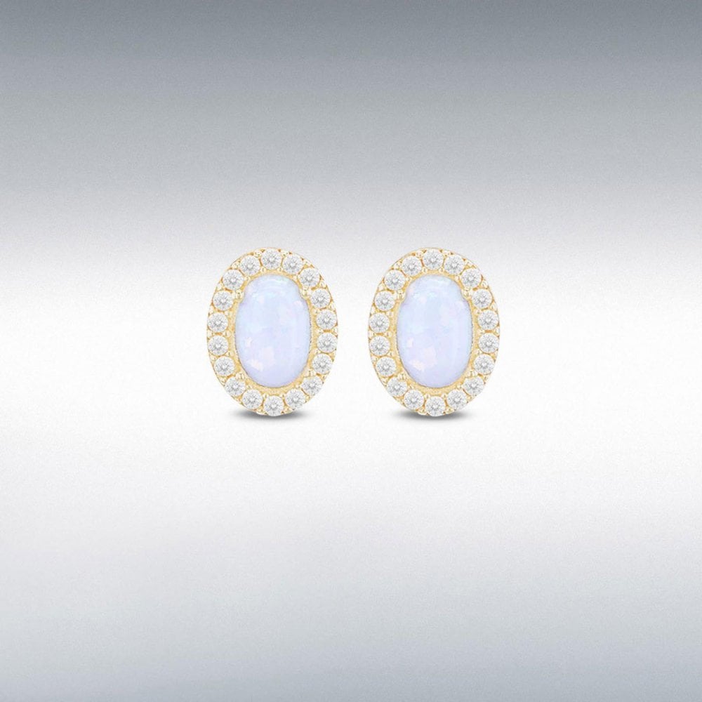 9ct Yellow Gold Syn Opal CZ Stud Earrings
