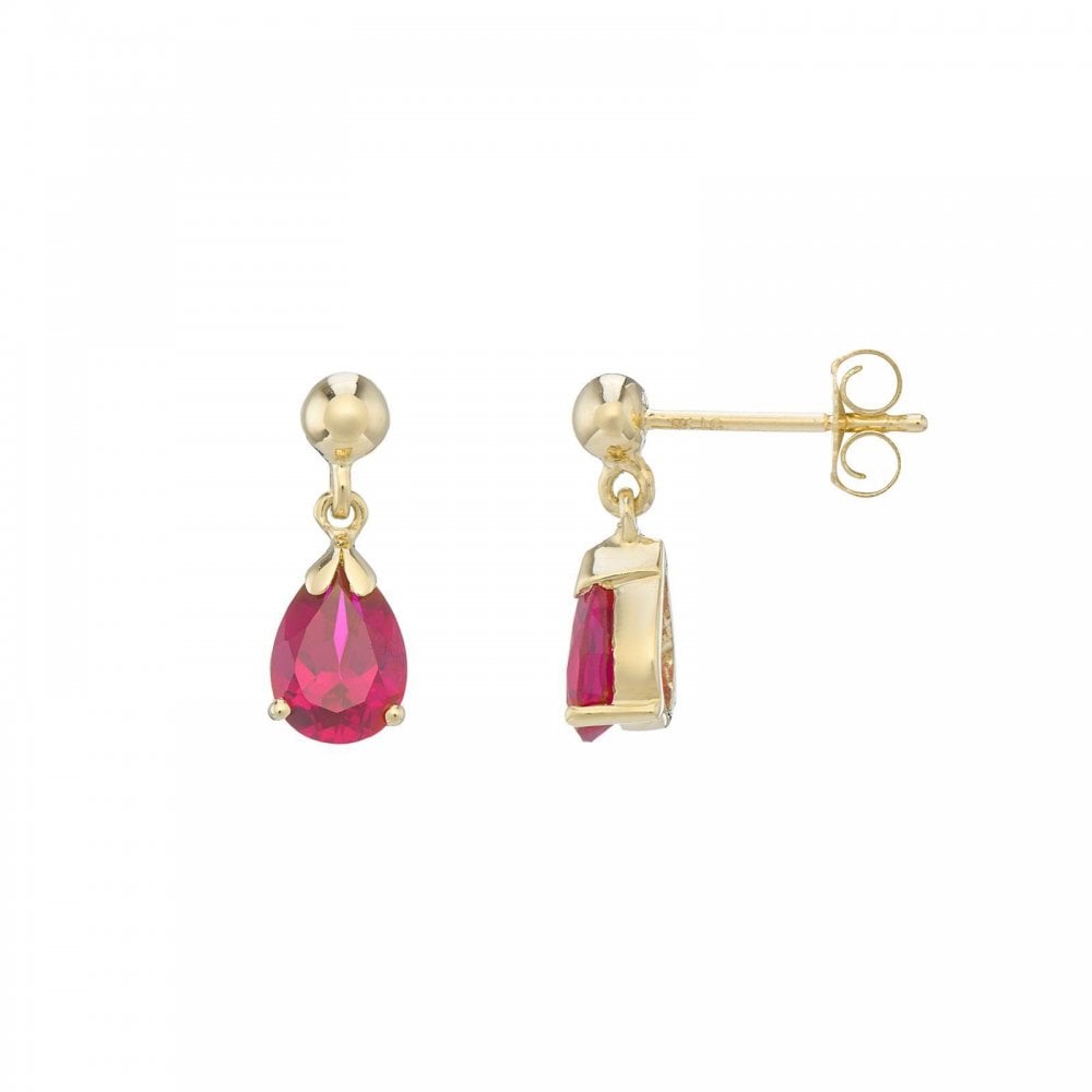 9ct YG Lab Grown Pear Cut Ruby Drop Earrings