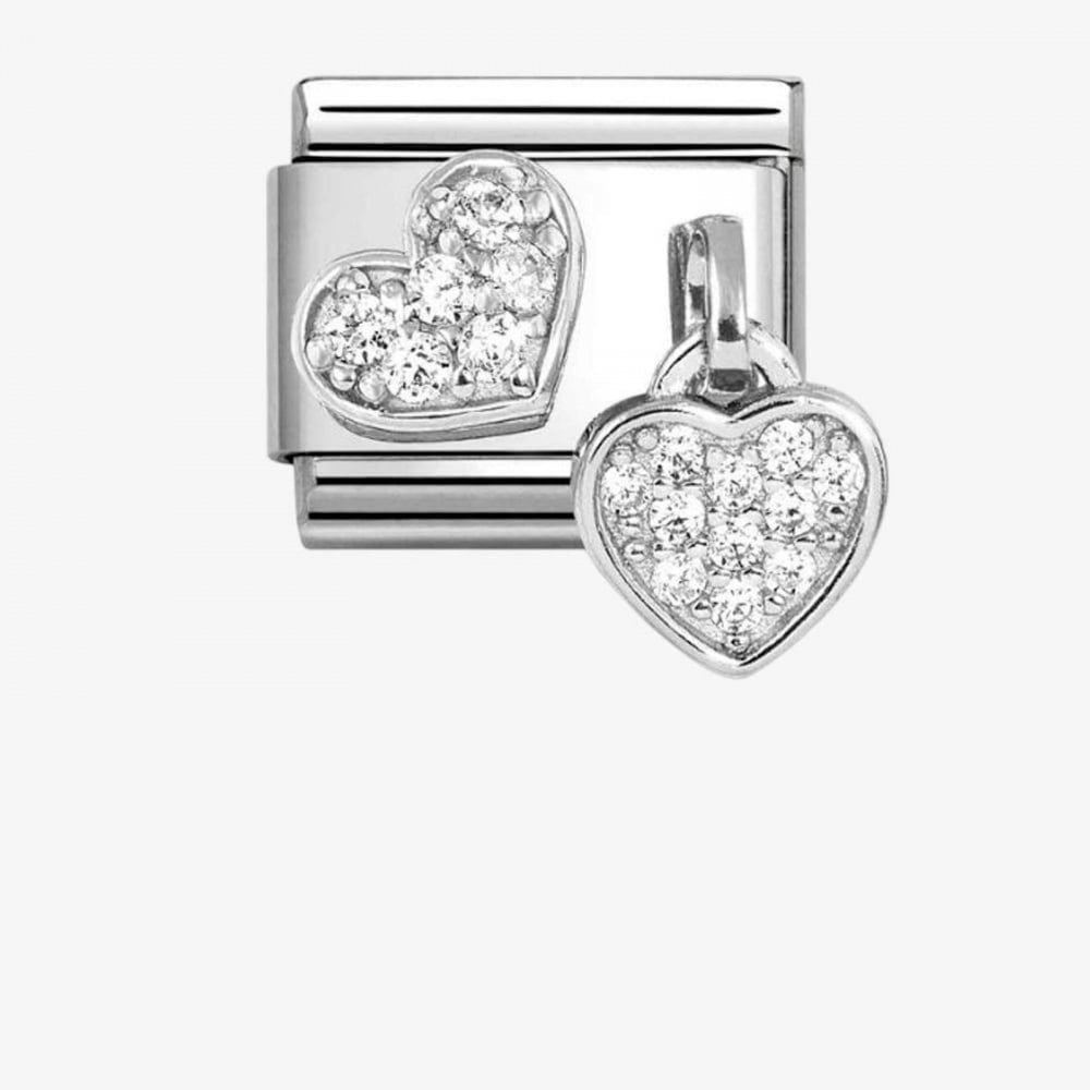 Classic Composable Stainless Steel & Silver Cubic Zirconia Double Heart Charm