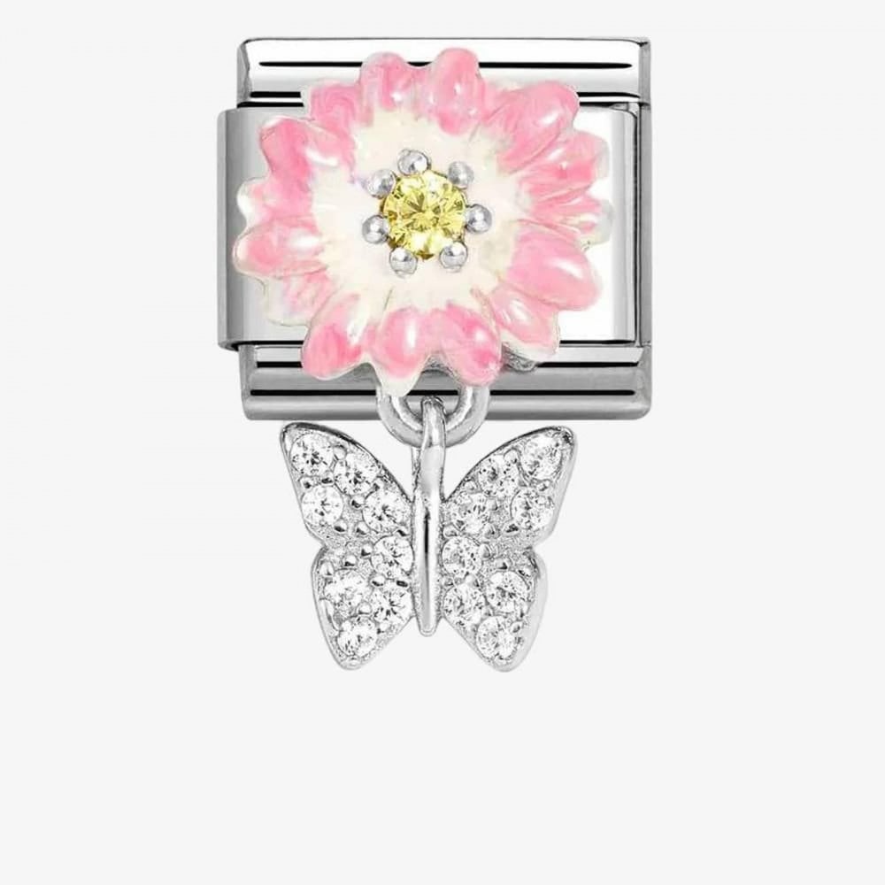 Classic Composable Two Colour Pink Flower CZ Butterfly Dangle Charm