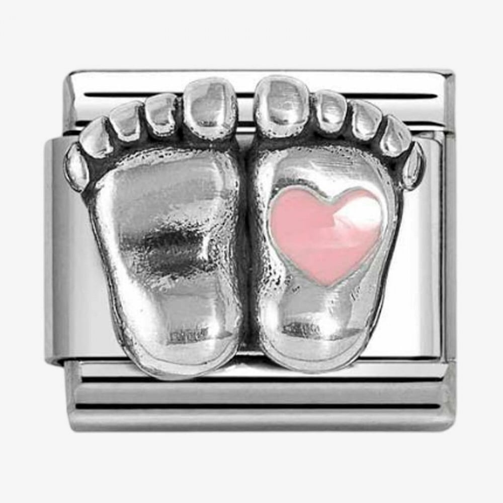 CLASSIC Silvershine Silver Pink Heart Baby Feet Charm