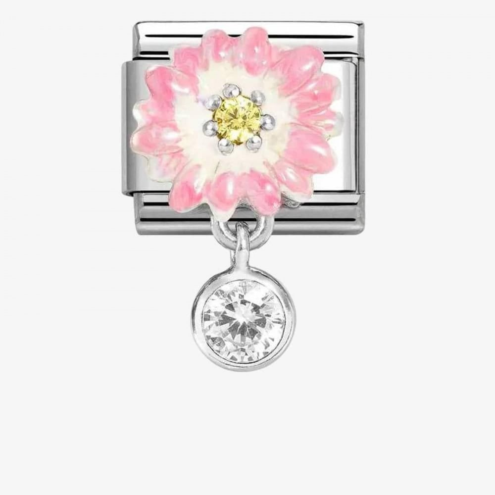 CLASSIC Silvershine Two Colour Pink Flower Round Cubic Zirconia Dropper Charm