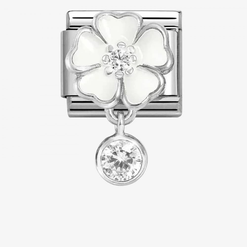 CLASSIC Silvershine White Flower Round Cubic Zirconia Dropper Charm