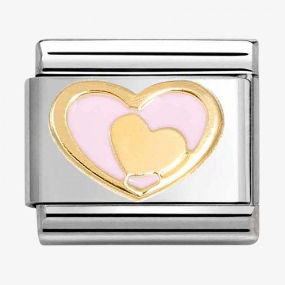 CLASSIC Stainless Steel 18ct Yellow Gold Pink Double Heart Charm