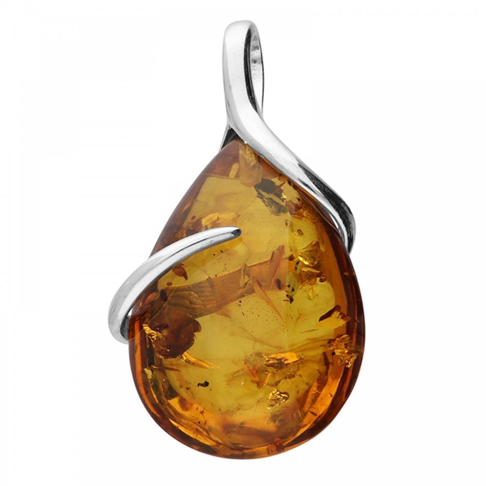Cognac Amber Teardrop Silver Pendant