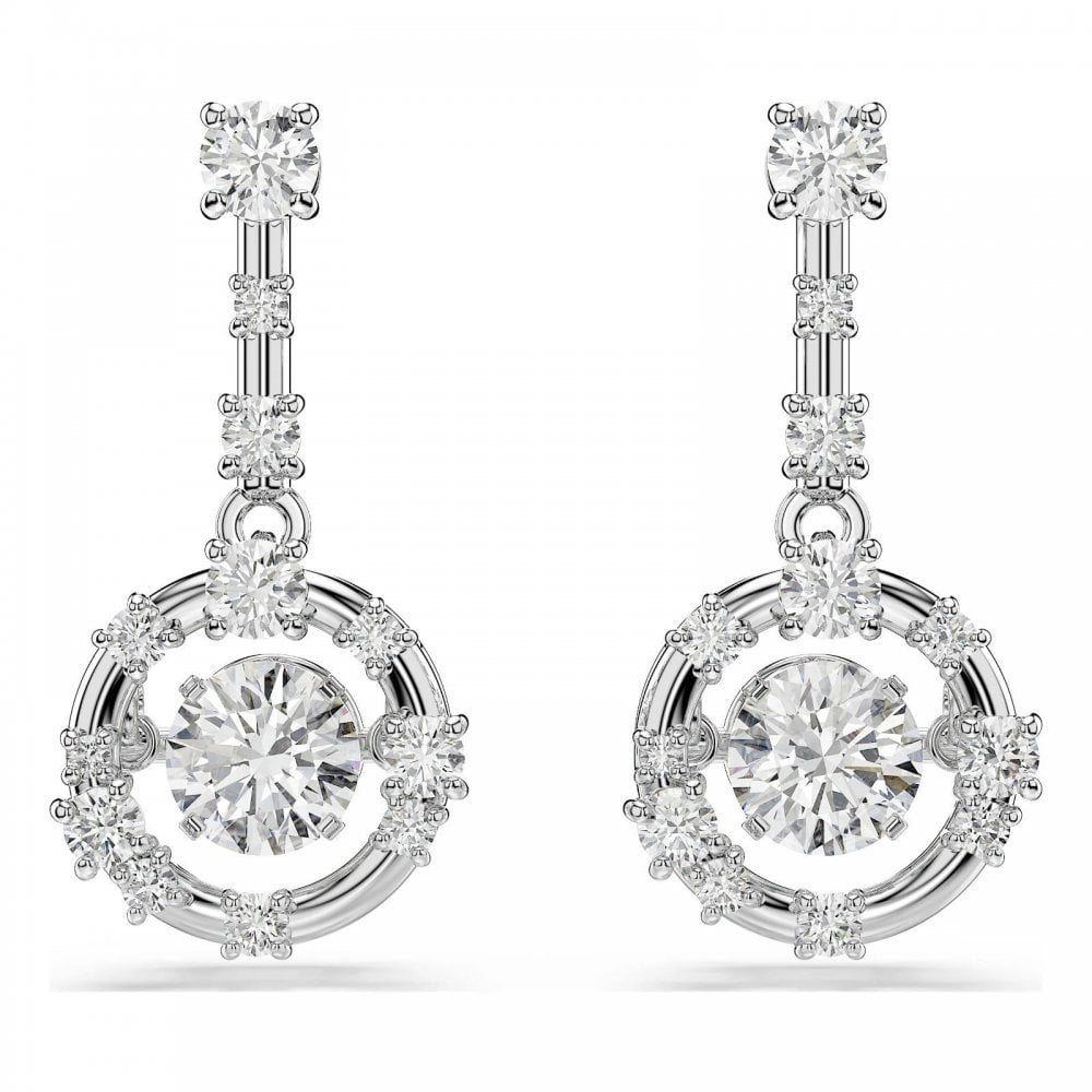 Constella drop earrings, Round cut, Dancing stone, White, Rhodium