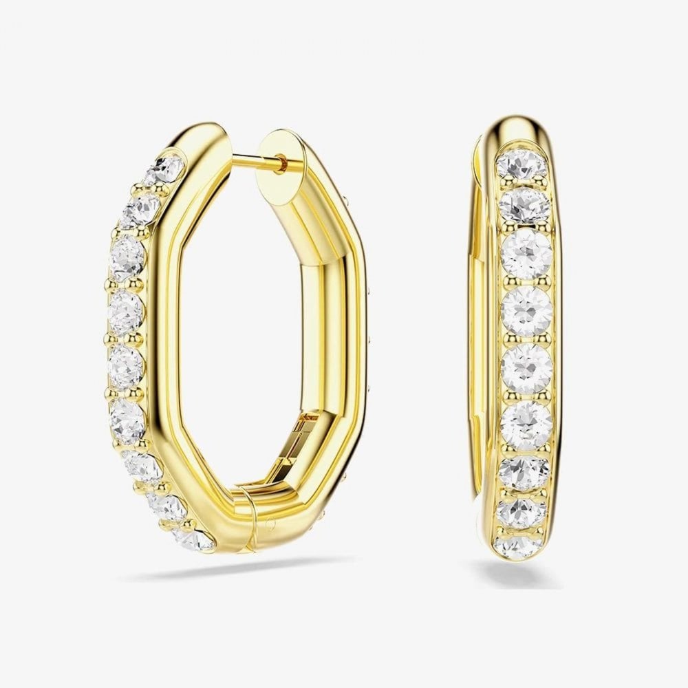 Dextera Gold Tone Plated White Crystal Octagon Hoop Earrings