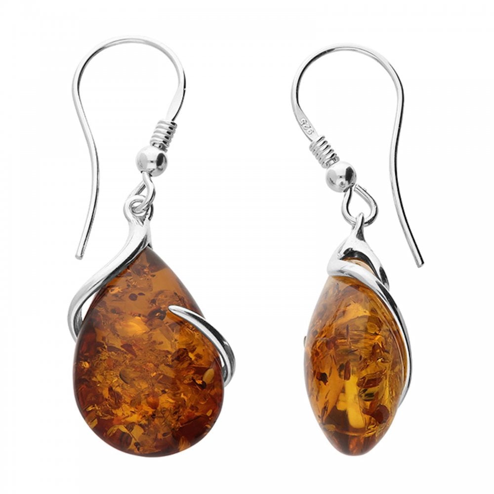 Silver Cognac Amber Teardrop Wrap Around Earrings