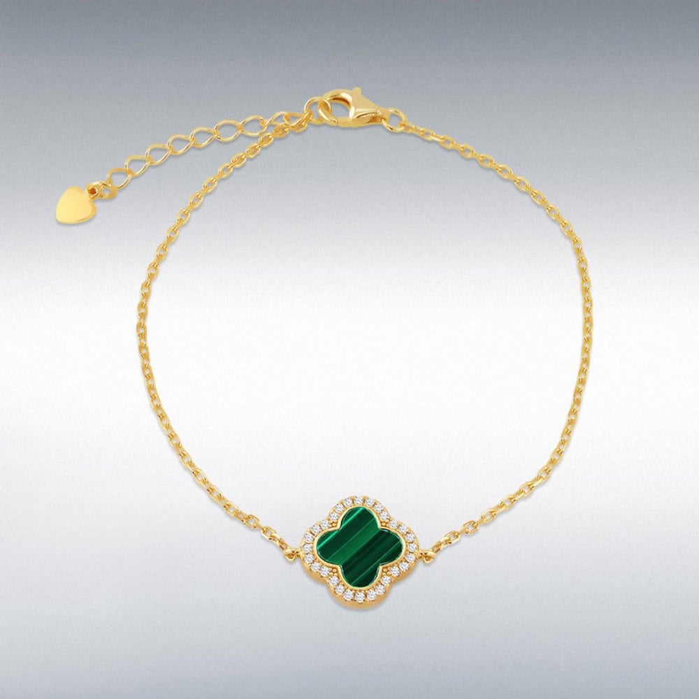 Silver Gold Plated CZ Malachite Petal 8" Bracelet Adjustable