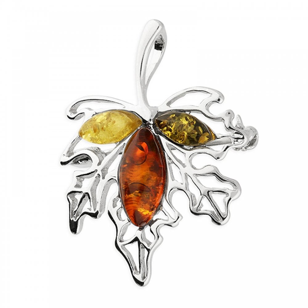 Silver Mixed Amber Maple Leaf Brooch