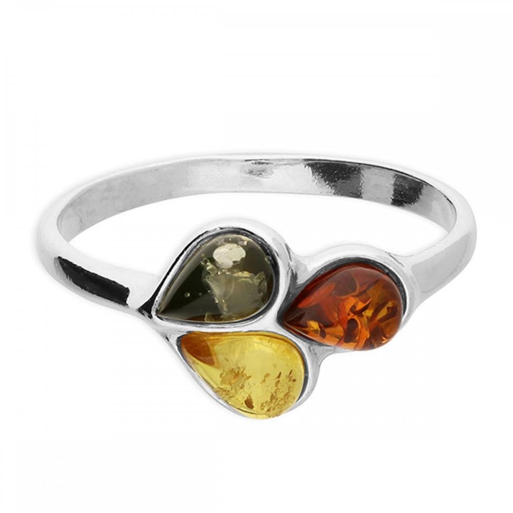 Silver Mixed Amber Pear Drop Trio Ring Size N