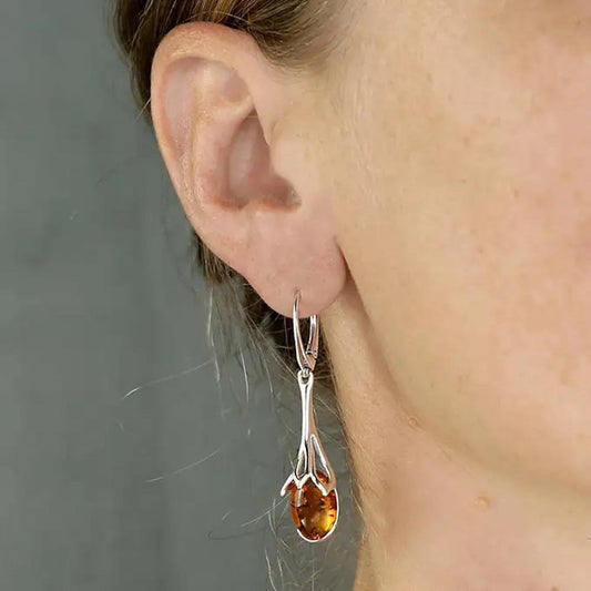 Silver Oval Amber Sunflower Drop Earrings