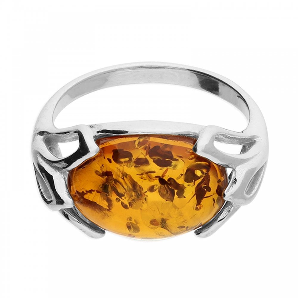 Silver Oval Amber Sunflower Ring Size M
