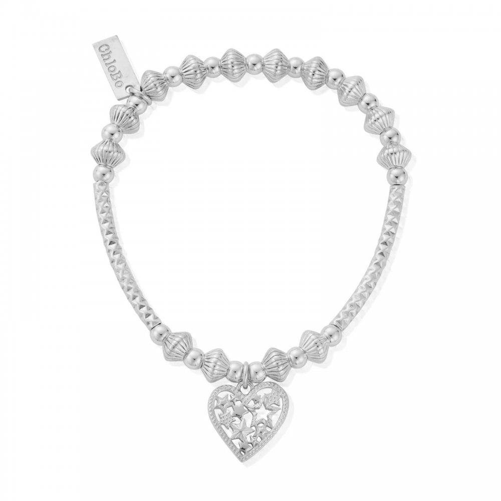 Silver Pattern Noodle Disc Starry Heart Bracelet
