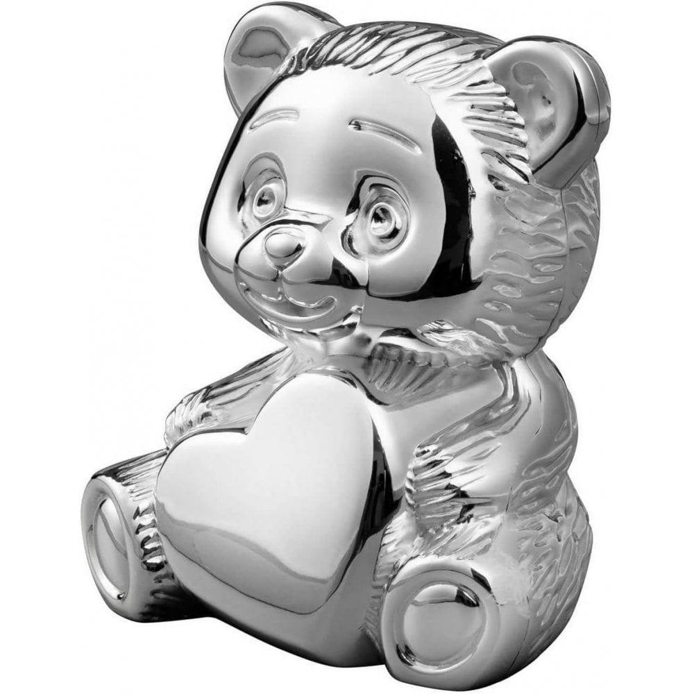 Silver Plated Teddy Bear with Heart Money Box