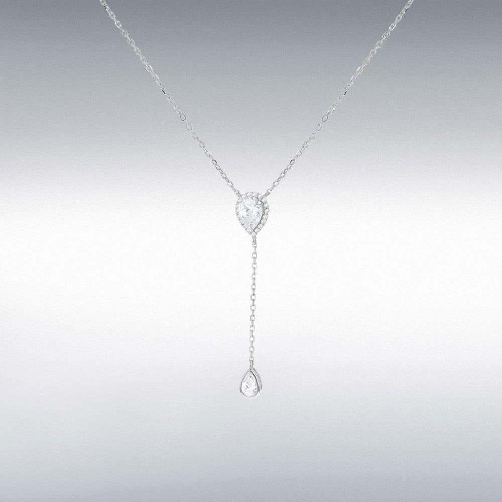 Silver Rhodium Plated White CZ Teardrop Adjustable Lariat Necklace 38cm/15"-43cm/17"