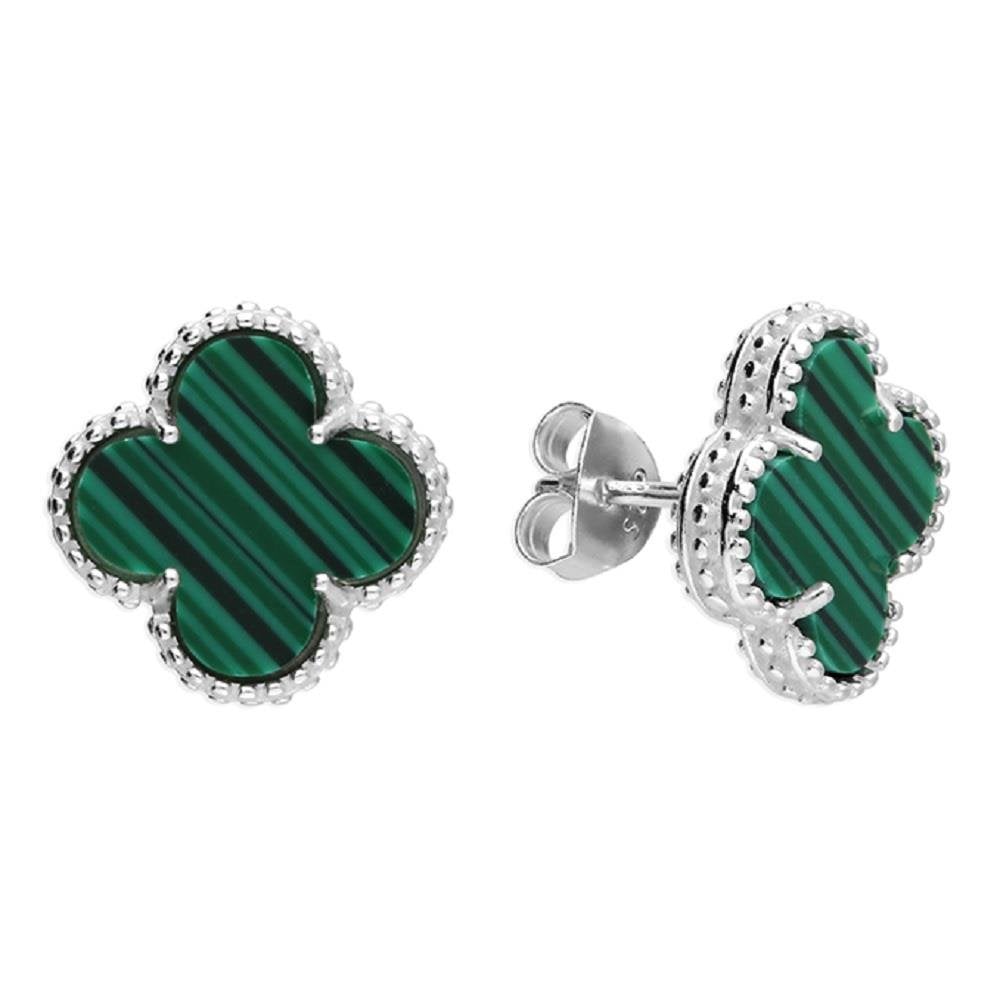 Silver Synthetic Malachite Clover Earrings