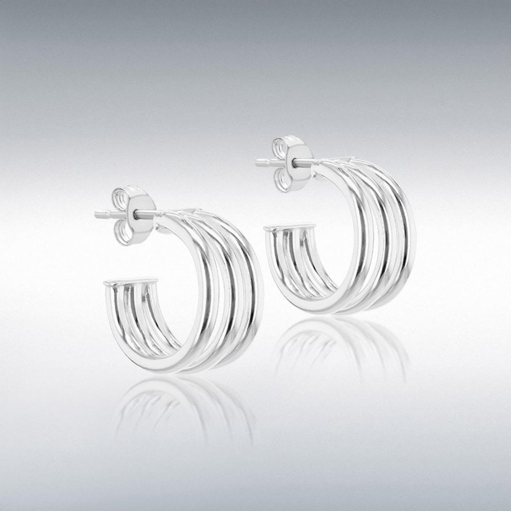 Silver Triple 1/2 Hoop Stud Earrings