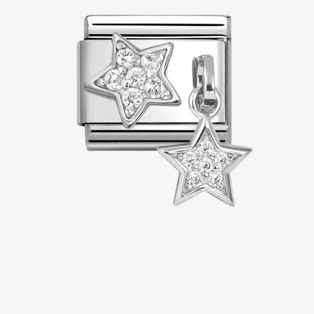 Stainless Steel & Silver Cubic Zirconia Double Star Charm