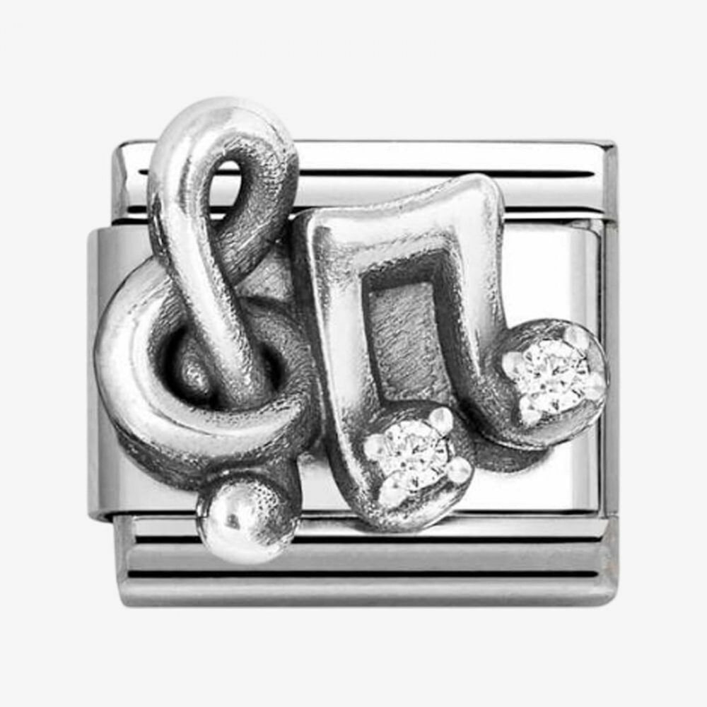 Stainless Steel & Silver Cubic Zirconia Music Note Charm