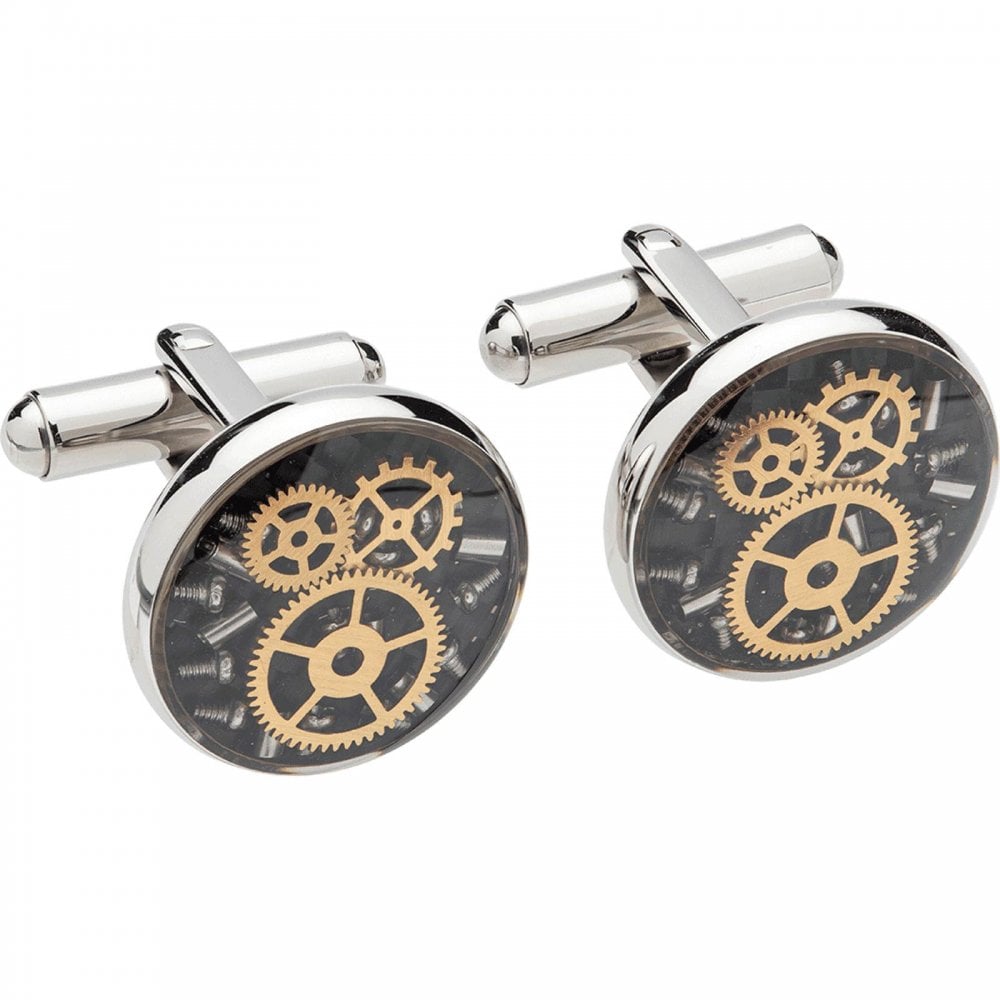 Steel Cufflinks Black Carbon Fibre Gold IP Plating