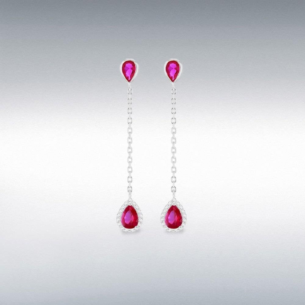 Sterling Silver Rhodium Plated Red and White CZ Teardrop Drop Earring