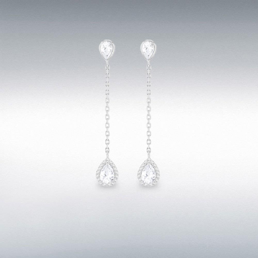 Sterling Silver Rhodium Plated White CZ Teardrop Drop Earring