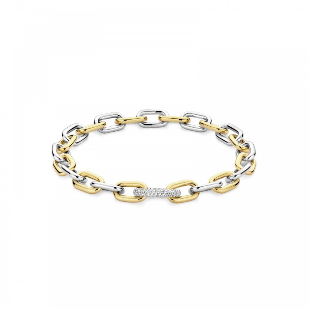 TI SENTO Silver Two Tone Gold Plated CZ Link Bracelet