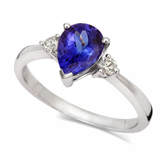 18ct White Gold 3 Stone Tanzanite & Diamond Ring Size N